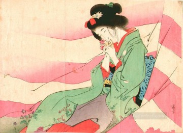  Kiyokata Canvas - bijin in pink and white curtain 1903 Kiyokata Kaburagi Japanese
